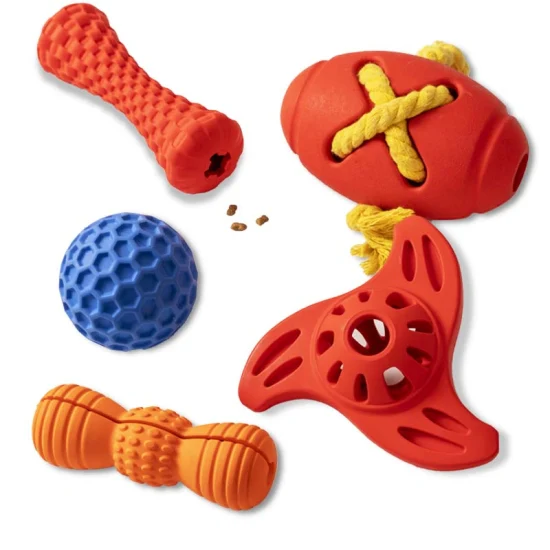 Ensemble de 5 pièces en caoutchouc naturel distribuant des friandises boule interactive chien de compagnie jouets à mâcher grinçant chien balle jouet