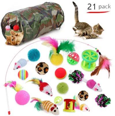 Amazon vente chaude fournitures pour animaux de compagnie variété de drôles 21 pièces ensembles de jouets pour chats pour jouer à des jouets en plumes chat Tunnel balle jouet accessoires pour animaux de compagnie